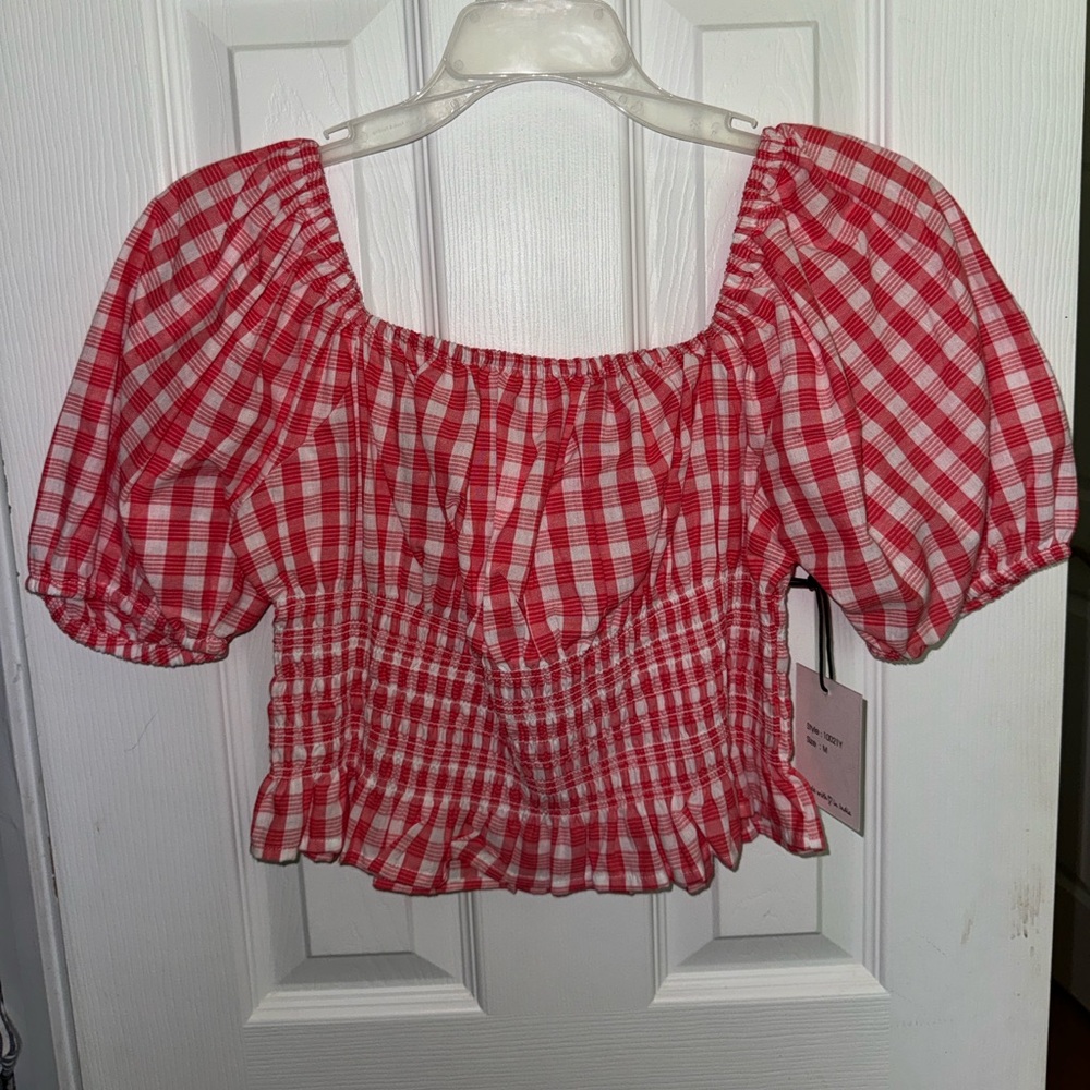Women’s Red and White Plaid Ruffle Blouse